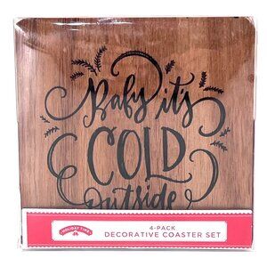 Holiday Time 4-Pack Decorative Coaster Set Baby It's Cold Outside Acacia Wood